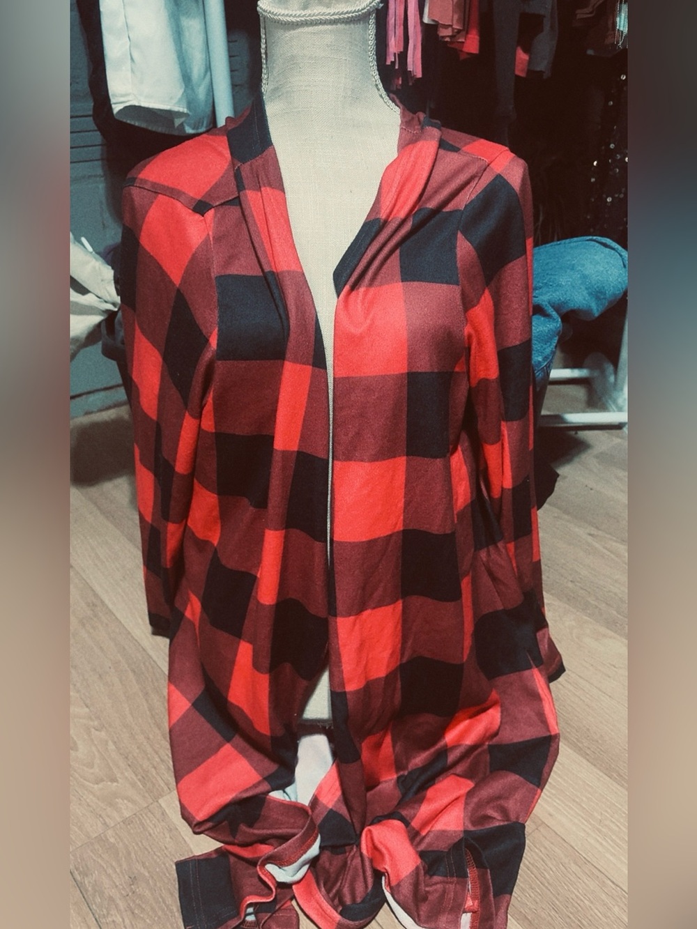 Women's Red and Black Buffalo Plaid Open Cardigan